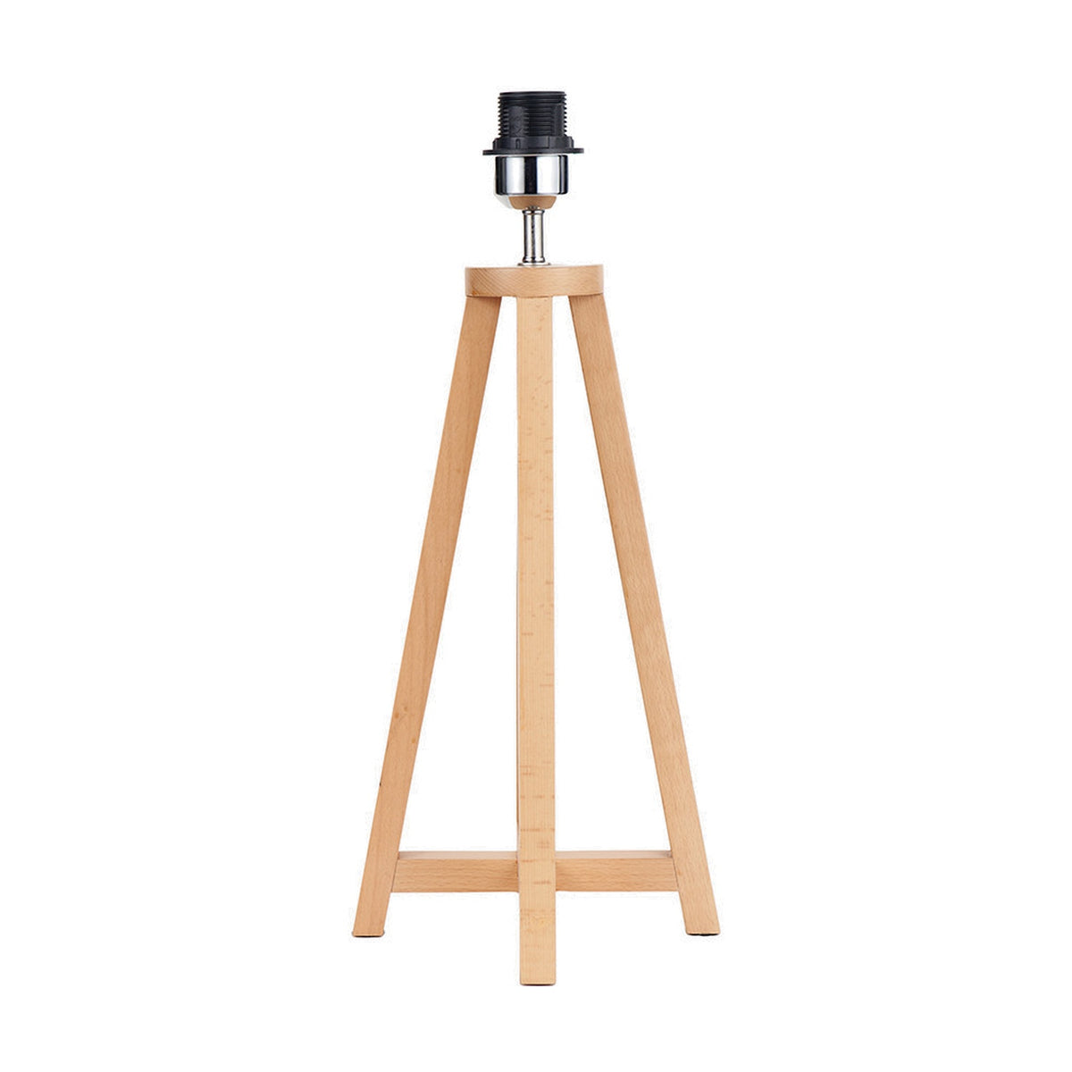 Whitby Wood Tapered 4 Post Table Lamp Base in natural beech, 49cm tall with a four-legged tripod-style frame and chrome fitting, shown on a plain white background.