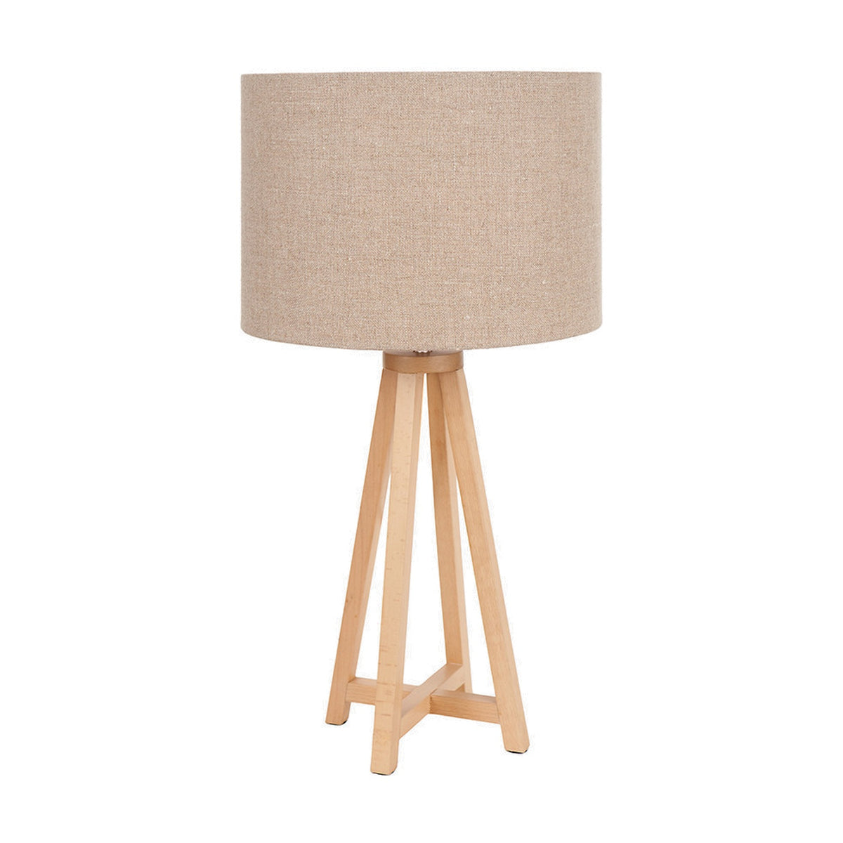 Whitby Wood Tapered 4 Post Table Lamp Base, 49cm, with natural wood four-leg tripod-style stand and beige linen drum shade, shown on a plain white background.