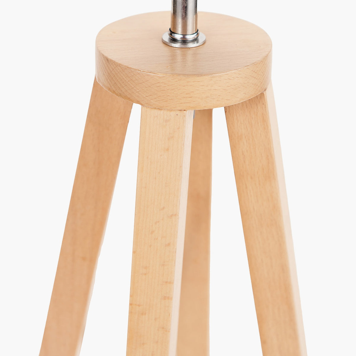 Close-up of the Whitby Wood Tapered 4 Post Table Lamp Base, 49cm, showing natural beech legs and round wooden top with chrome fitting, on a plain background.