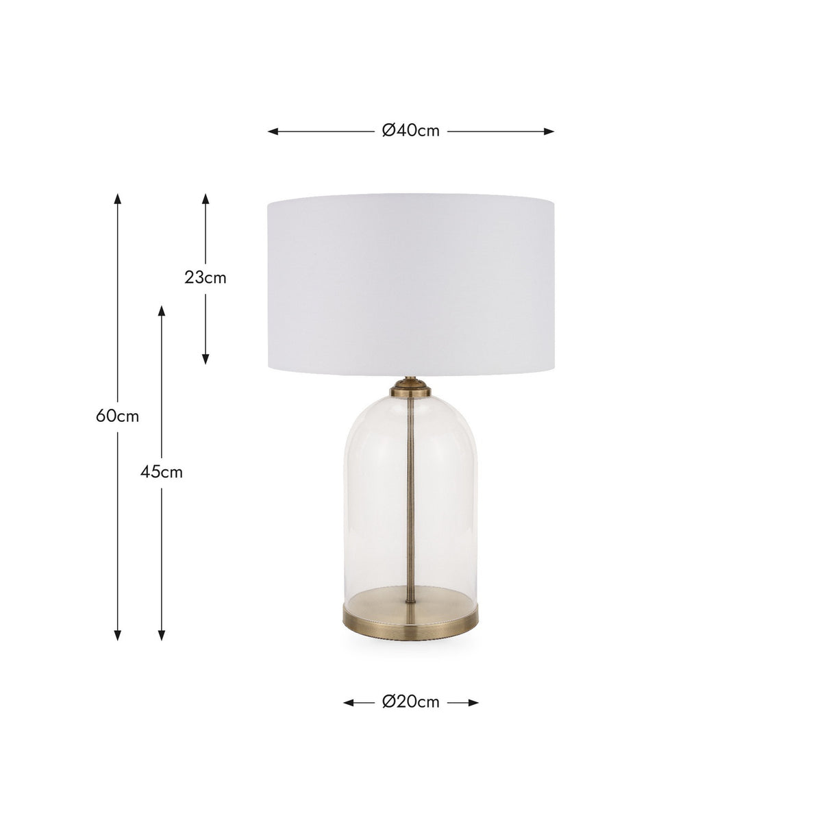 Cloche Clear Glass & Antique Brass Table Lamp, 60cm tall with a cylindrical clear glass base and white drum shade, shown with dimension guides on a white background.