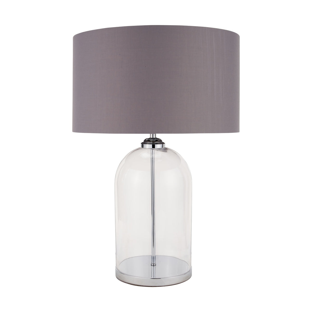Cloche Clear Glass & Silver Table Lamp, 60cm, featuring a cylindrical glass base with chrome fittings and a grey fabric drum shade, shown on a plain white background.