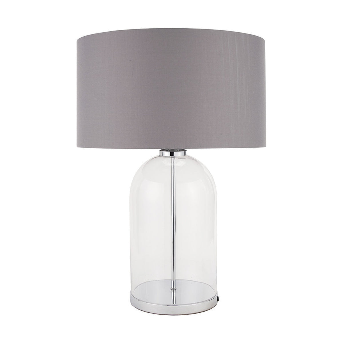 Cloche Clear Glass & Silver Table Lamp, 60cm, with a cylindrical clear glass base, chrome fittings, and a grey drum fabric shade, shown on a plain white background.