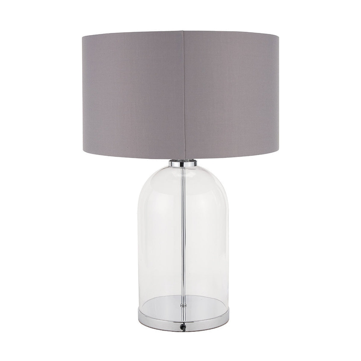 Cloche Clear Glass & Silver Table Lamp, 60cm, with a cylindrical grey fabric shade on a clear glass dome base and chrome fittings, shown on a plain white background.