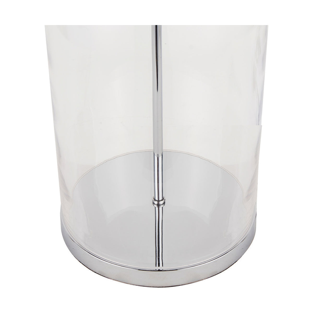 Close-up of the Cloche Clear Glass & Silver Table Lamp base, showing a cylindrical clear glass shade, chrome disc base, and central metal rod on a plain white background.