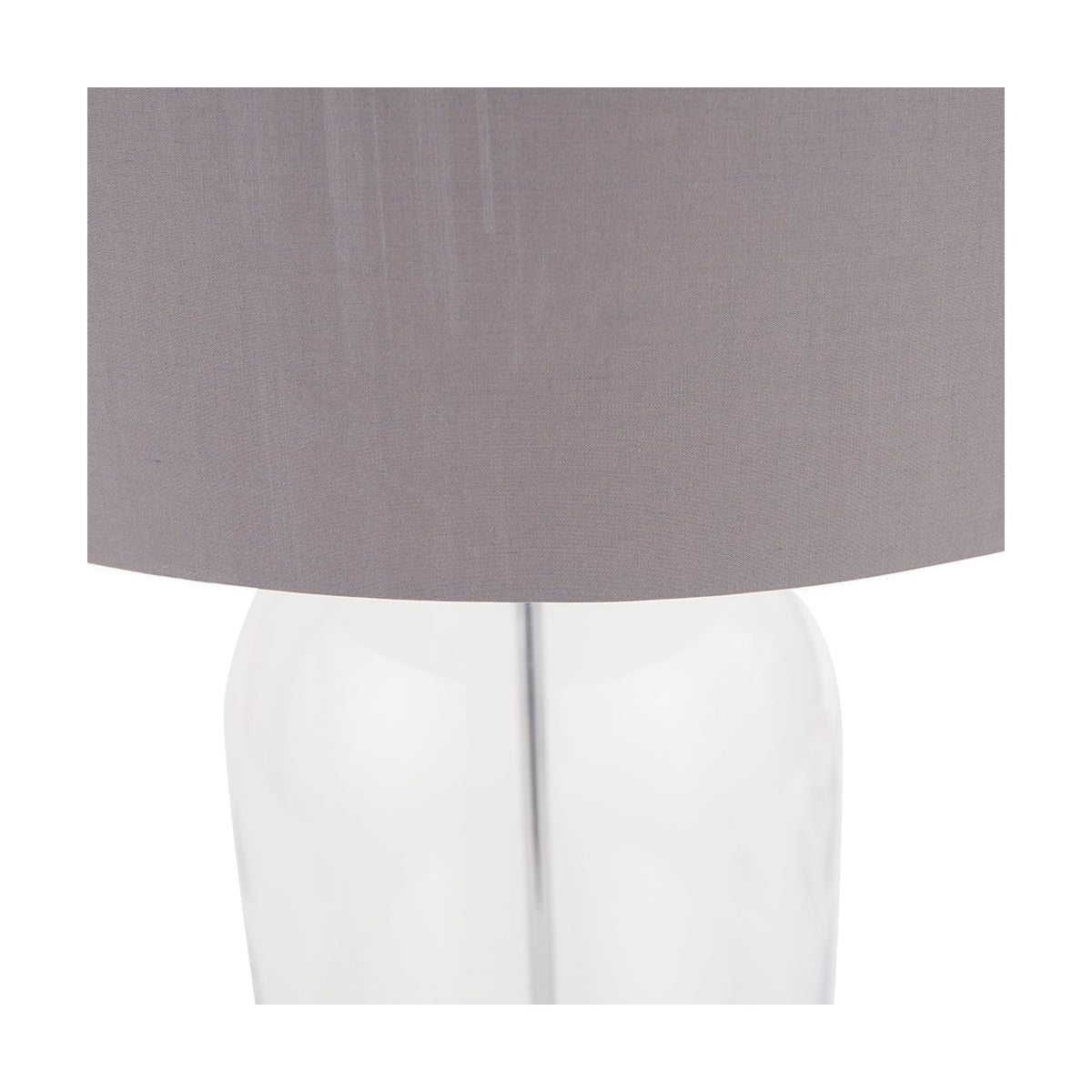 Close-up of the Cloche Clear Glass & Silver Table Lamp, showing the rounded clear glass base beneath a grey fabric drum shade on a plain white background.