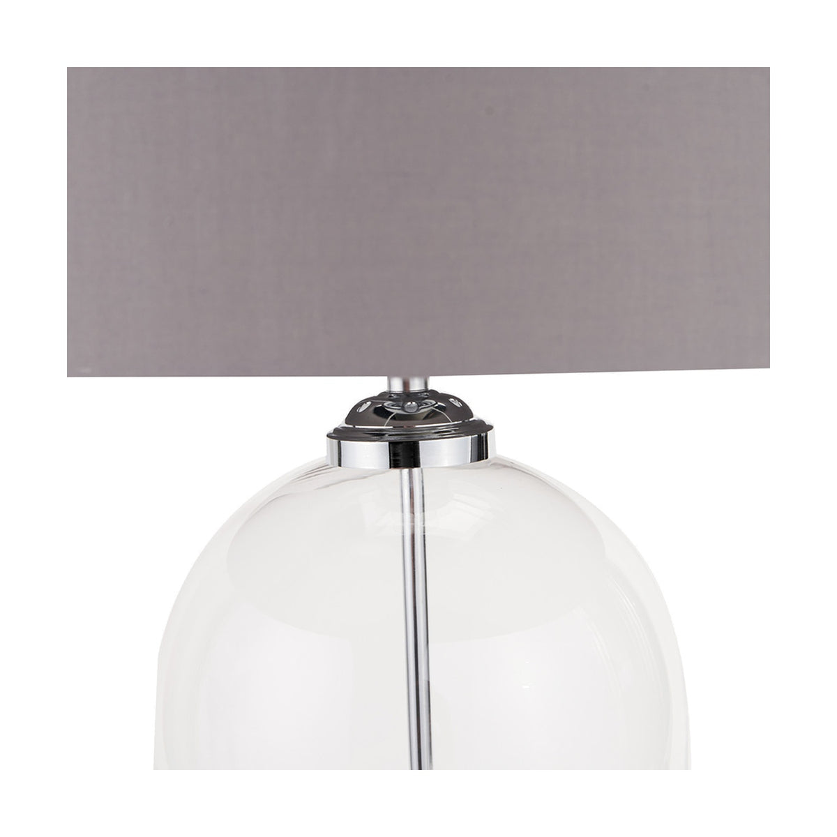Close-up of the Cloche Clear Glass & Silver Table Lamp showing the rounded glass base, chrome fitting, and grey rectangular fabric shade against a white background.