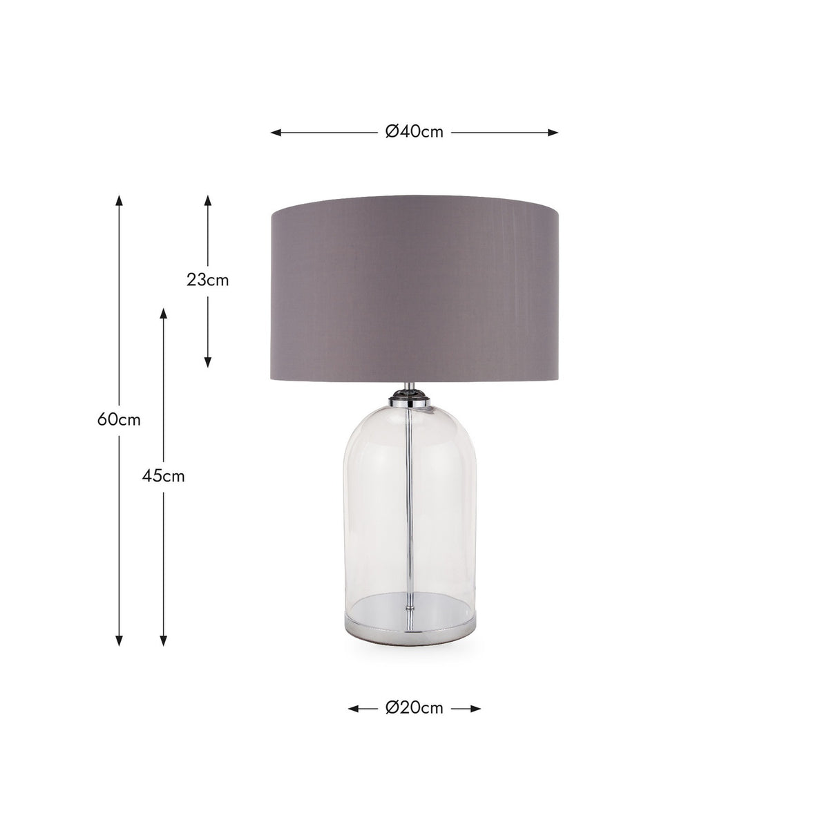 Cloche Clear Glass & Silver Table Lamp with a cylindrical grey fabric shade, glass base, and chrome fittings, shown with dimension guides on a white background.