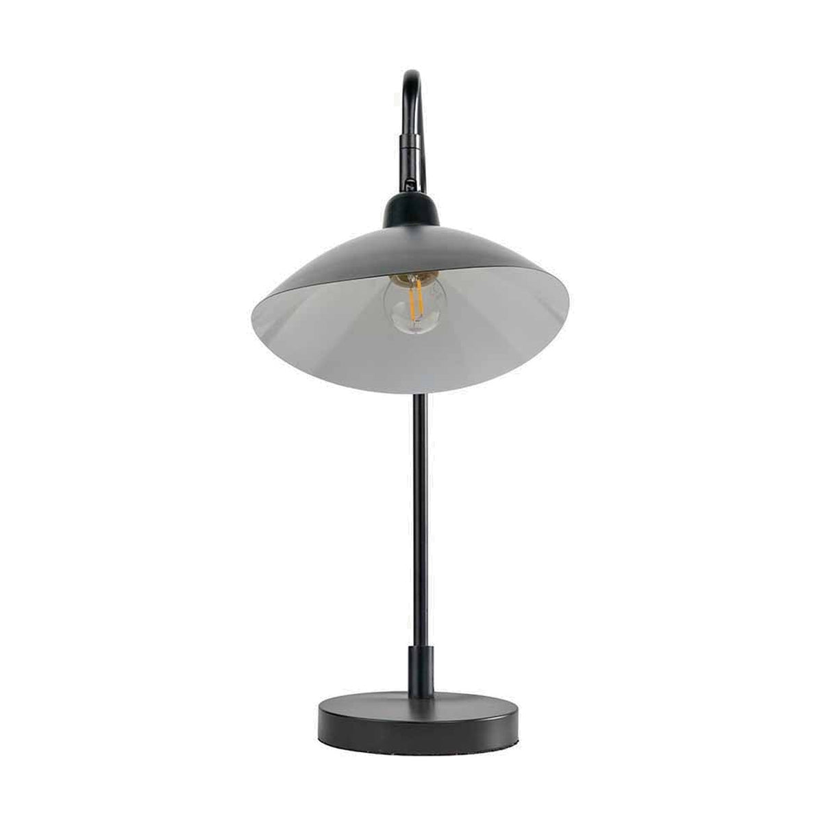 Toulon Black Iron Task Table Lamp, 50cm, with a round dish-shaped shade on a slender stem and circular base, shown lit against a plain white background.