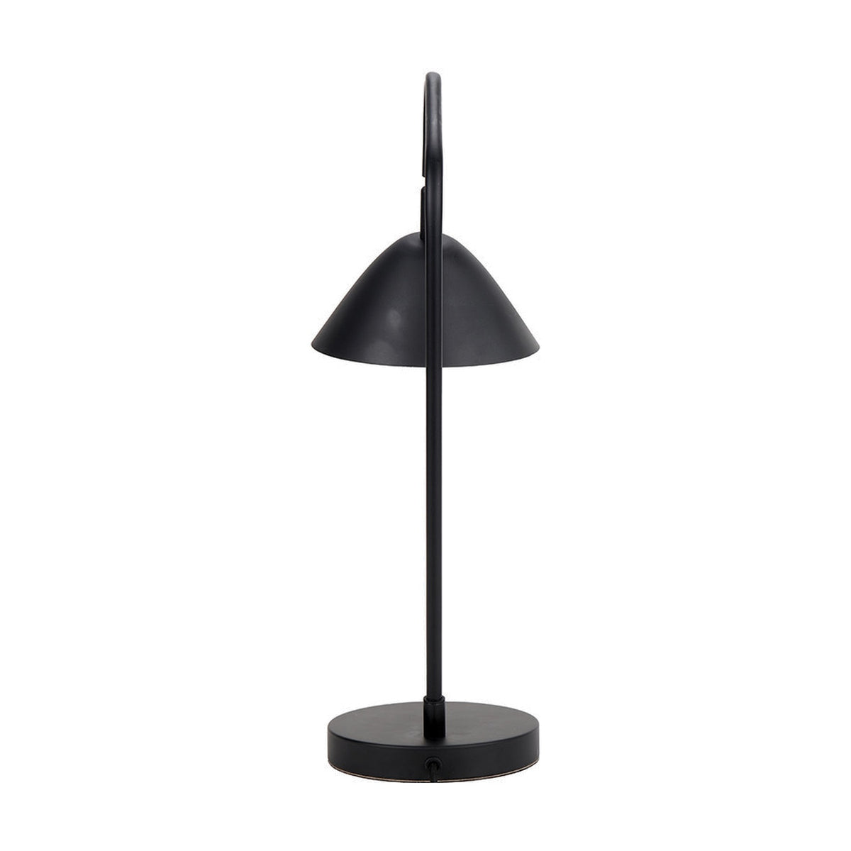 Toulon Black Iron Task Table Lamp, 50cm, with a curved arm, dome shade, slim stem and round base in matte black metal, shown on a plain white background.