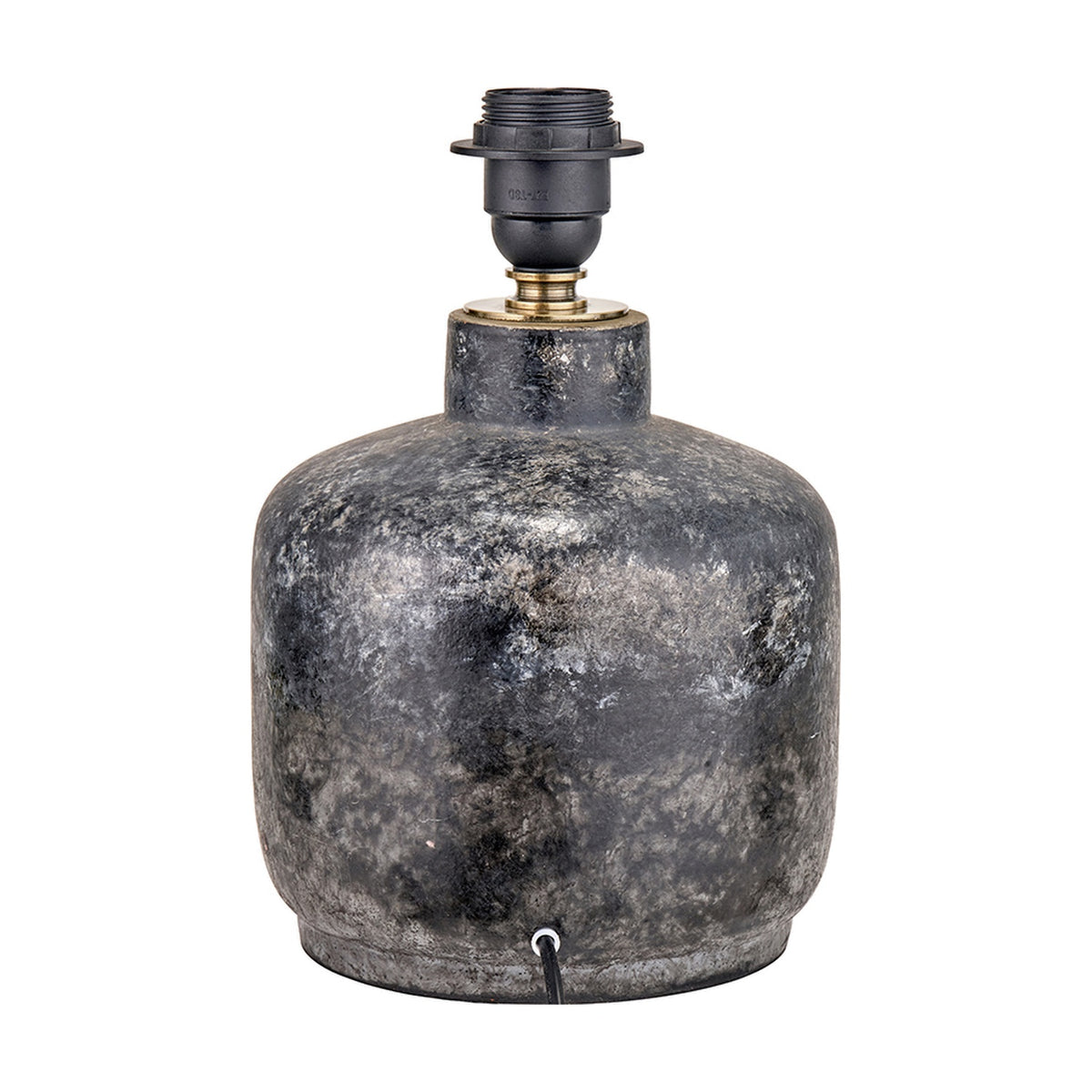 Vulcan Textured Volcanic Effect Grey Small Stoneware Table Lamp Base with black E27 fitting and brass collar, rounded ceramic body on a plain white background.