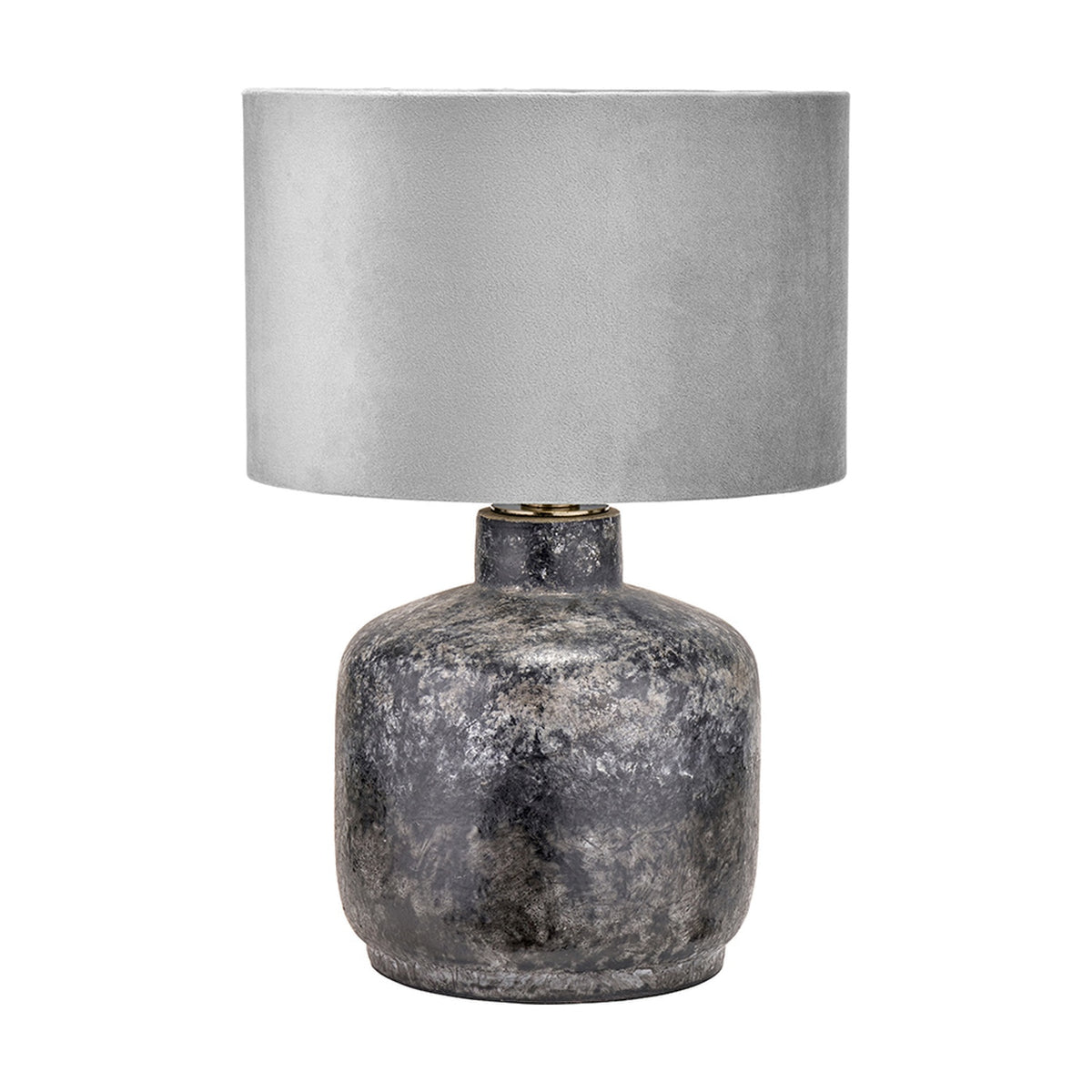 Vulcan table lamp with textured volcanic-effect grey stoneware base and rounded silver-grey fabric drum shade, shown on a plain white background.