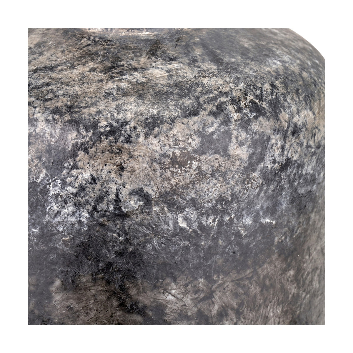Close-up of the Vulcan Small Stoneware Table Lamp Base, showing its rounded ceramic form in mottled grey, black and white volcanic-effect texture.
