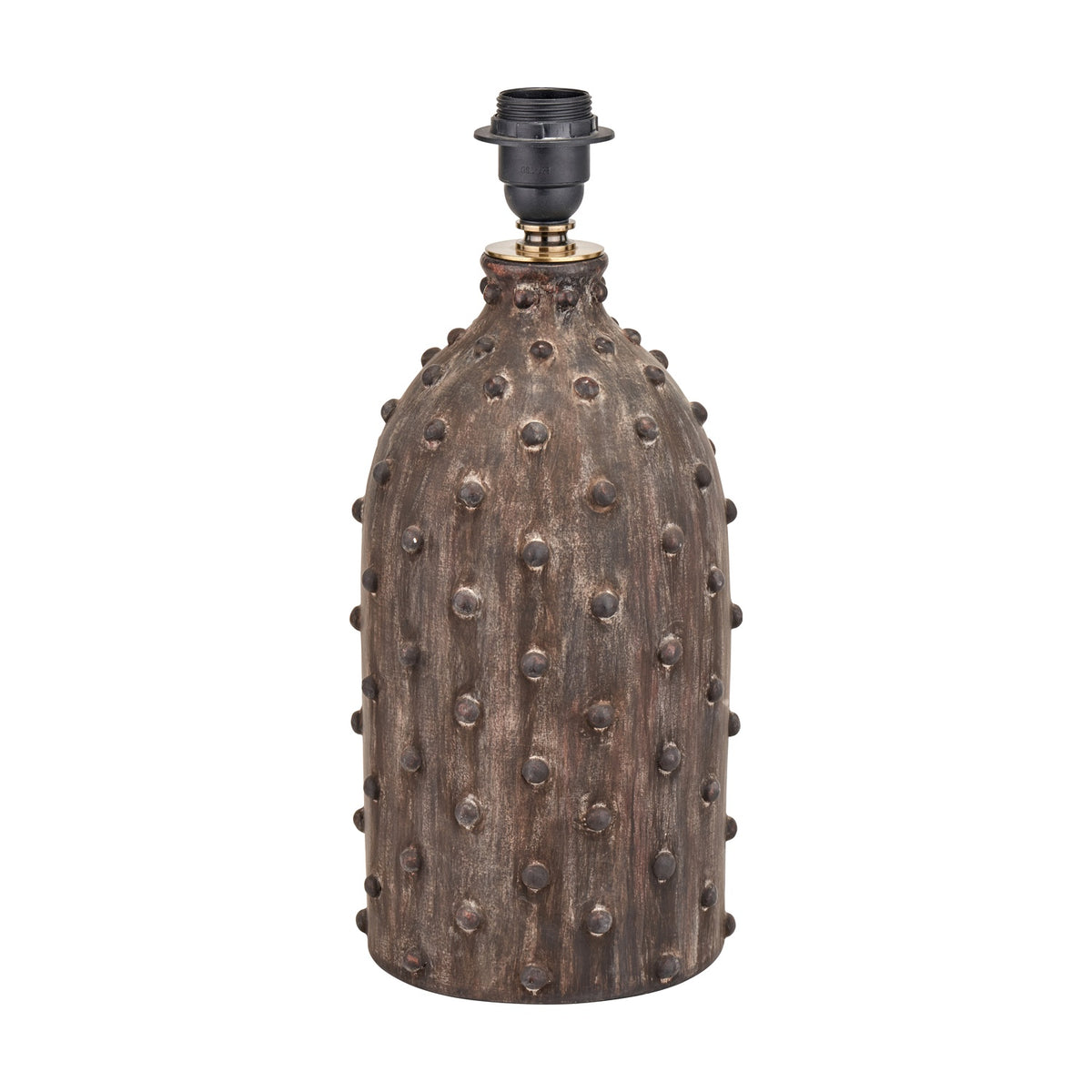 Kali Textured Dot Grey Stoneware Table Lamp Base, 37cm, with bulbous ceramic body covered in raised dots, black lamp holder, and brass fitting on a white background.