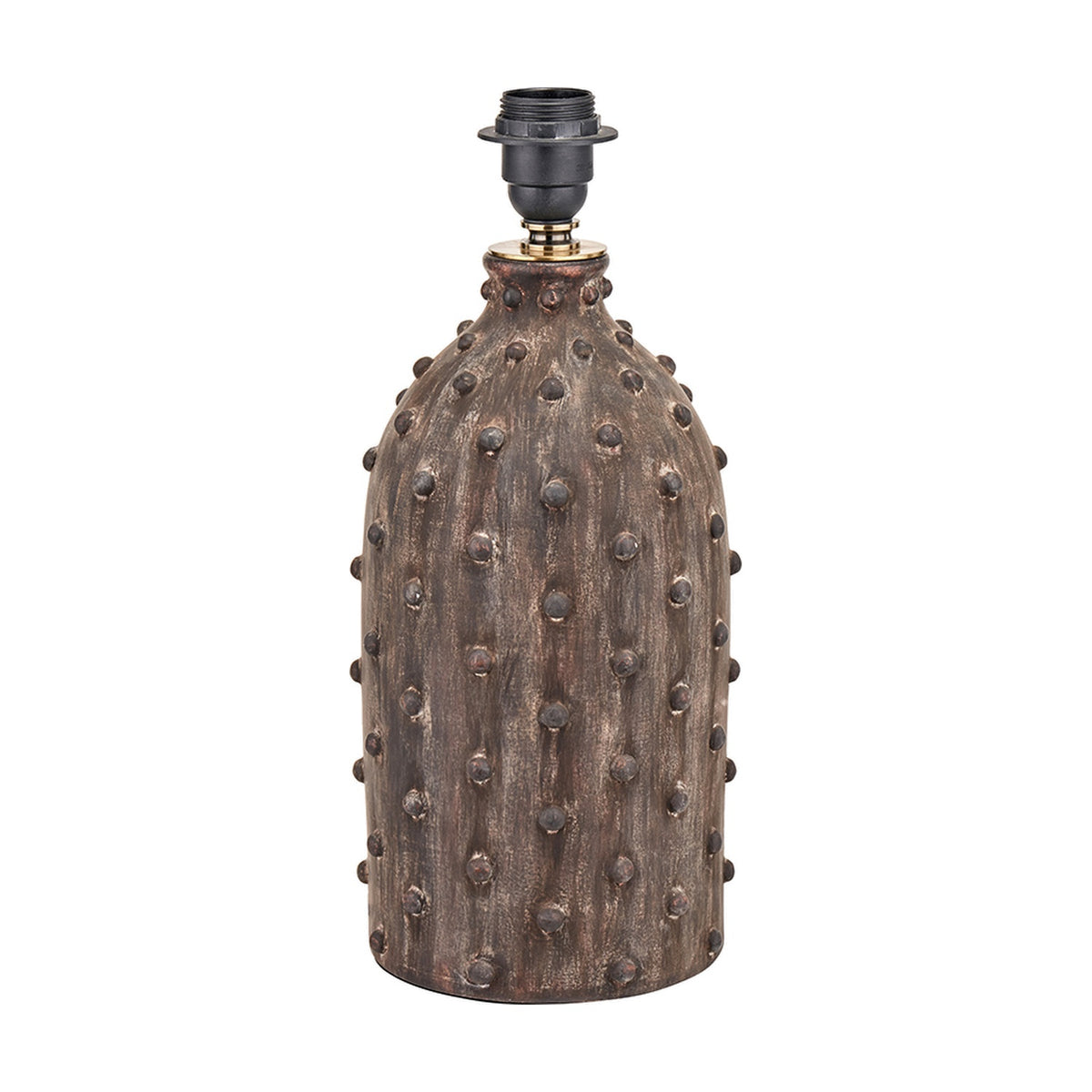 Kali Textured Dot Grey Stoneware Table Lamp Base, 37cm, with a bottle-shaped ceramic body covered in raised dot texture, black bulb holder, and brass fitting, shown on a plain white background.