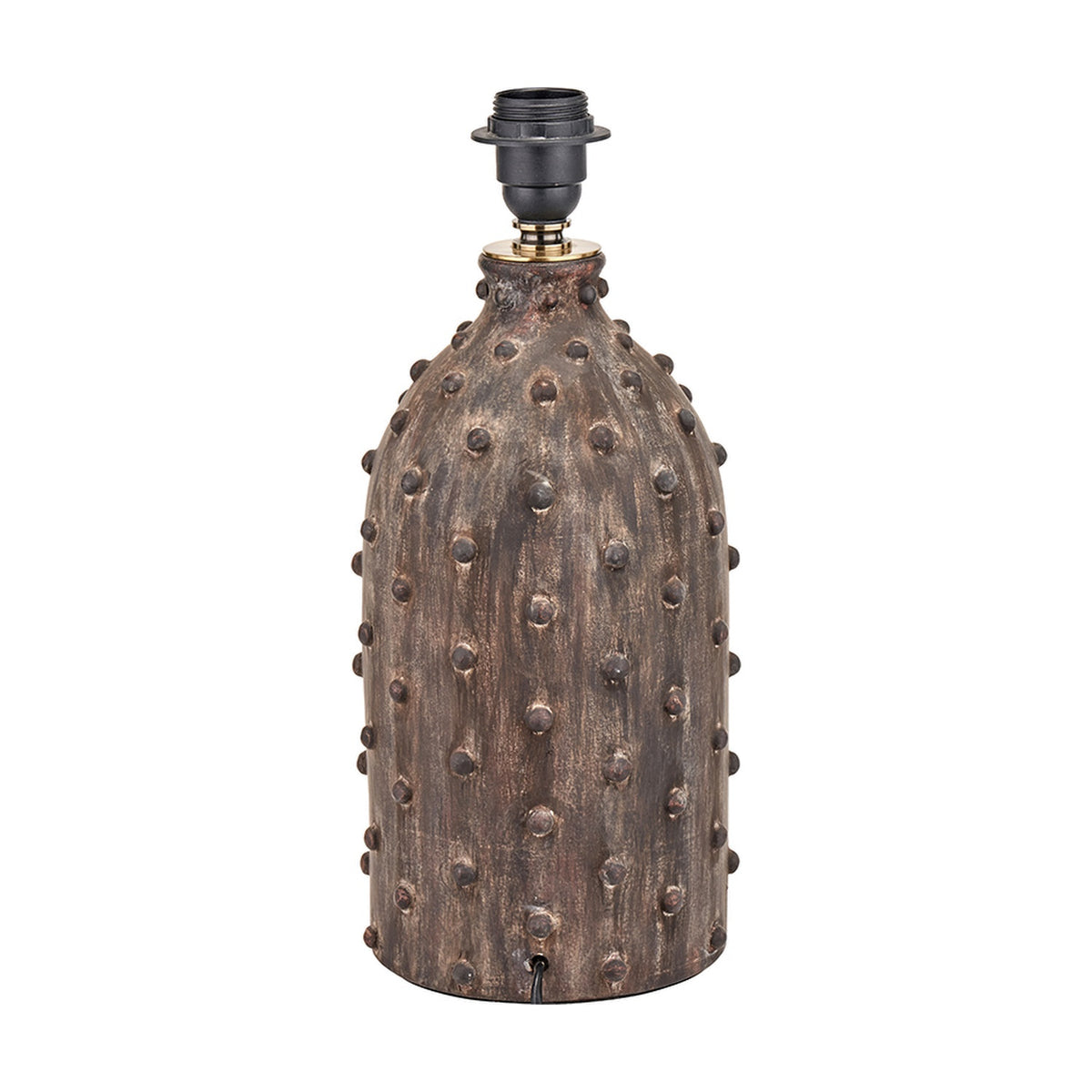 Kali Textured Dot Grey Stoneware Table Lamp Base, 37cm, with bumpy dotted ceramic body, black bulb holder and brass fitting, on a plain white background.