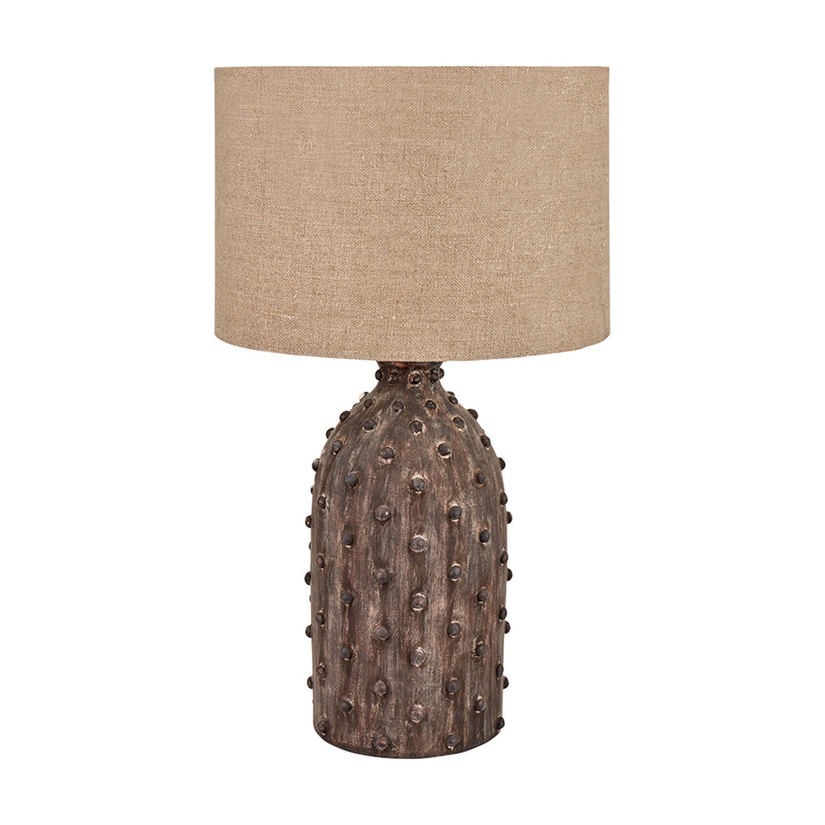 Kali Textured Dot Grey Stoneware Table Lamp with raised dotted texture and a natural linen drum shade, shown on a plain white background.
