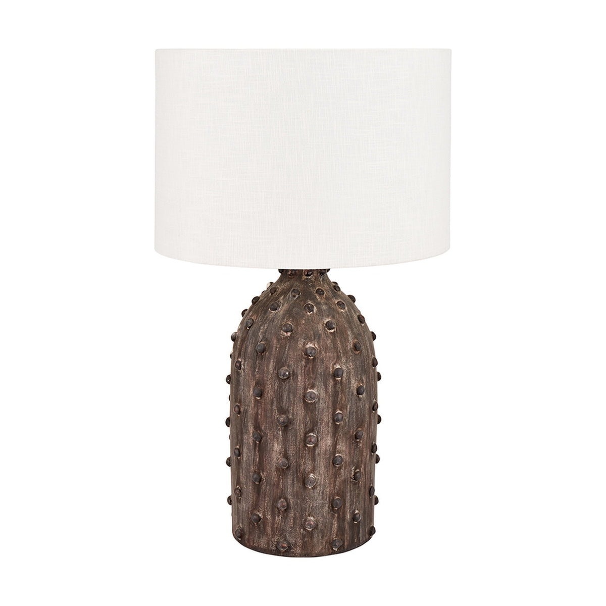 Kali Textured Dot Grey Stoneware Table Lamp, 37cm, with a bobble-textured ceramic base and white drum shade, shown on a plain white background.