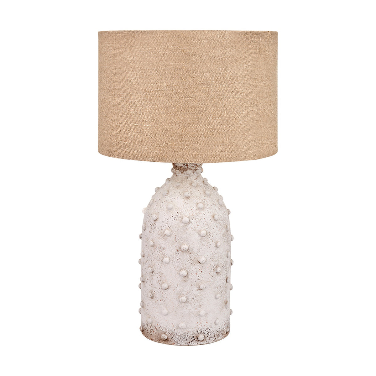 Kali Textured Dot Light Grey Stoneware Table Lamp, 37cm, with a bobble-textured ceramic base and a natural woven drum shade on a plain white background.