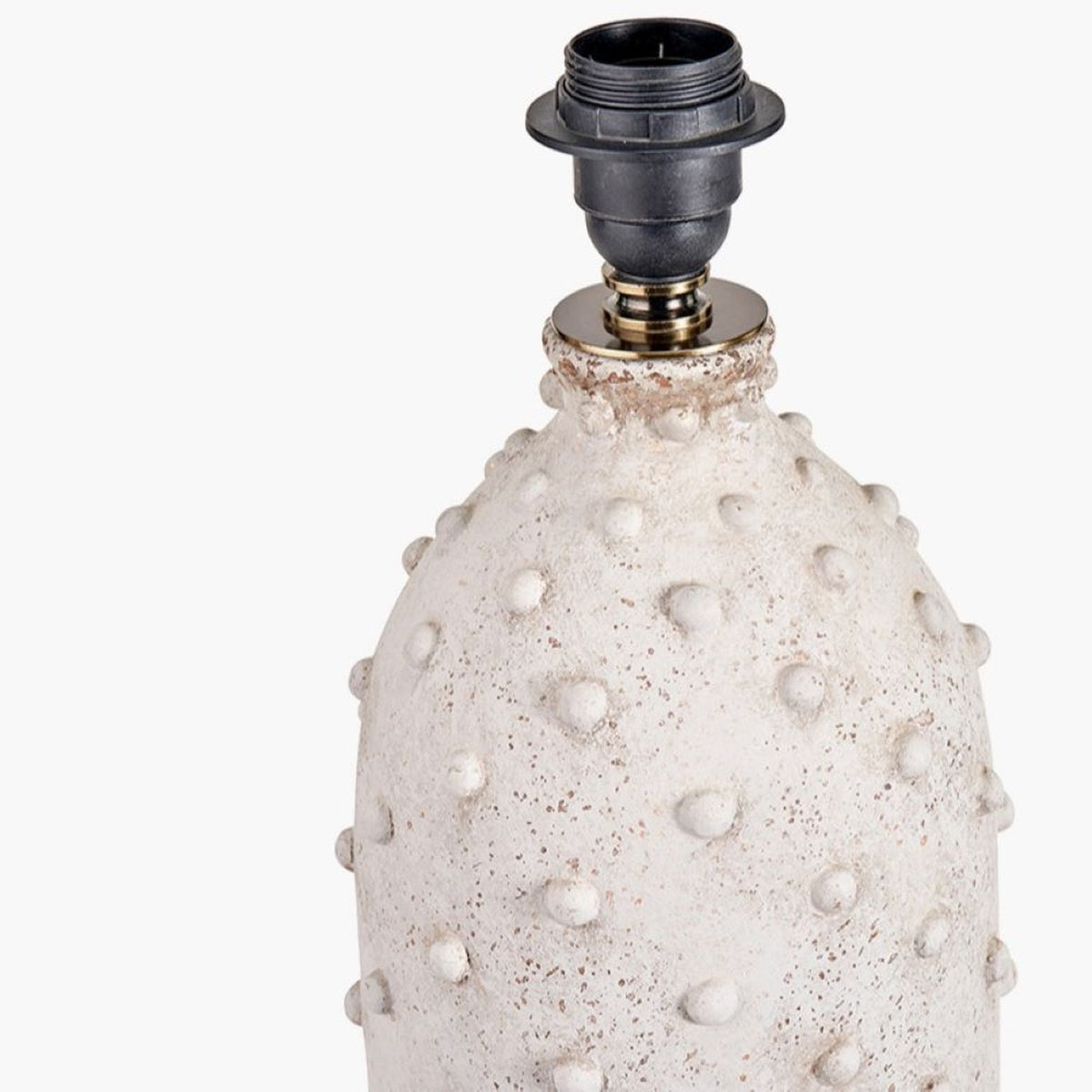 Kali Textured Dot Light Grey Stoneware Table Lamp Base, 37cm, showing the bumpy ceramic body and black bulb holder with brass fitting against a plain white background.
