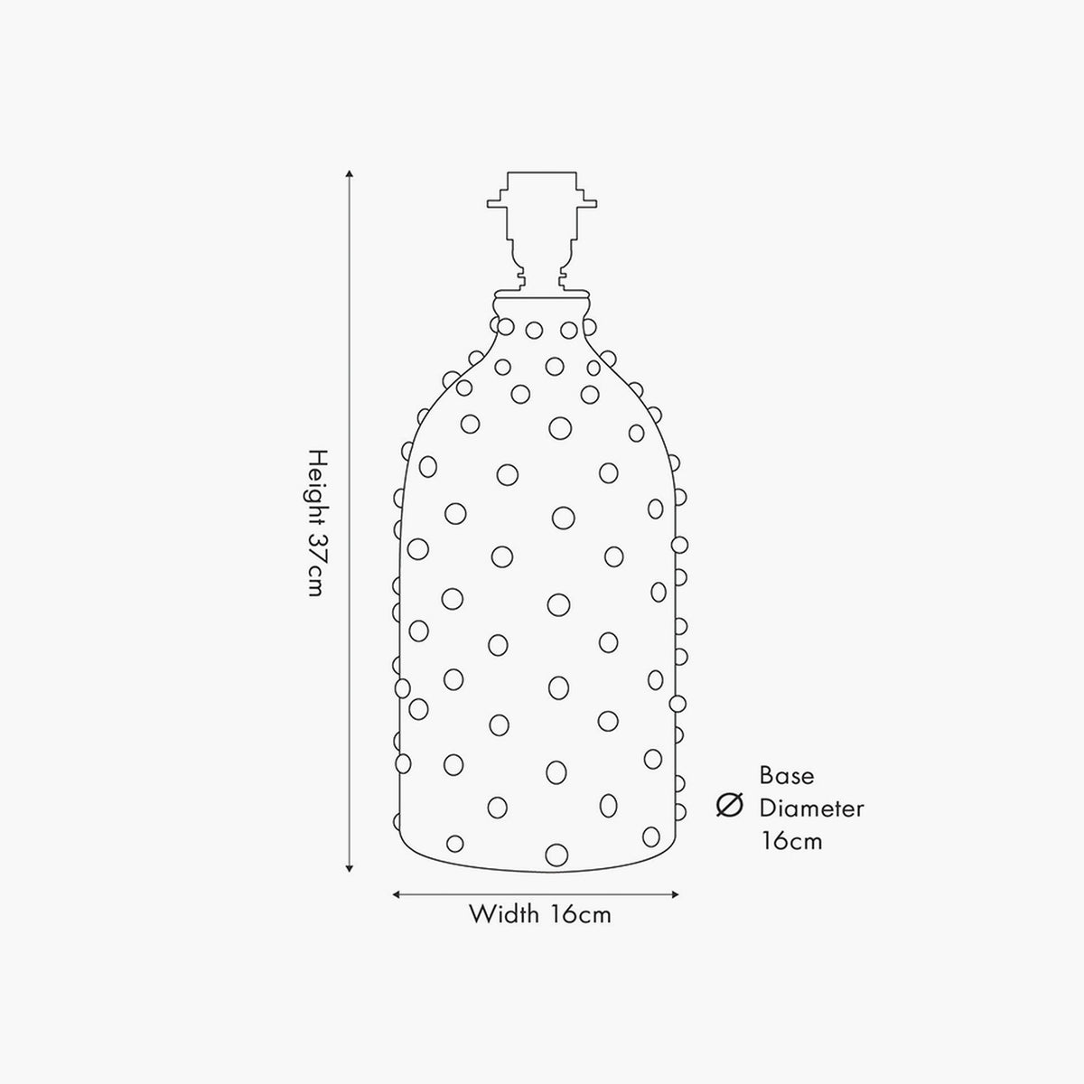 Line drawing of the Kali textured dot light grey stoneware table lamp base, 37cm tall, 16cm wide, showing raised circular texture and base diameter.