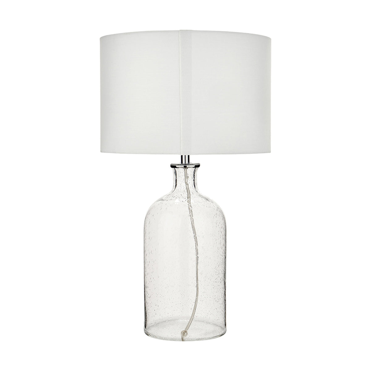 Bellamy Clear Bubble Glass Table Lamp, 53cm, with a seeded glass base, chrome fittings, and a white drum shade, shown on a plain white background.