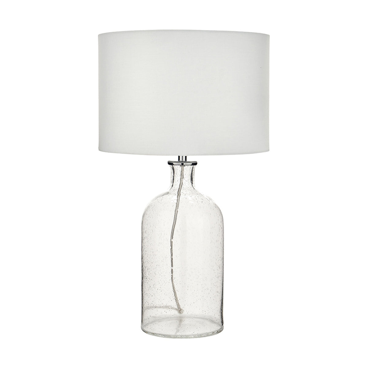 Bellamy Clear Bubble Glass Table Lamp, 53cm, with a bubbled glass base, chrome fittings, and a white drum fabric shade, shown on a plain white background.