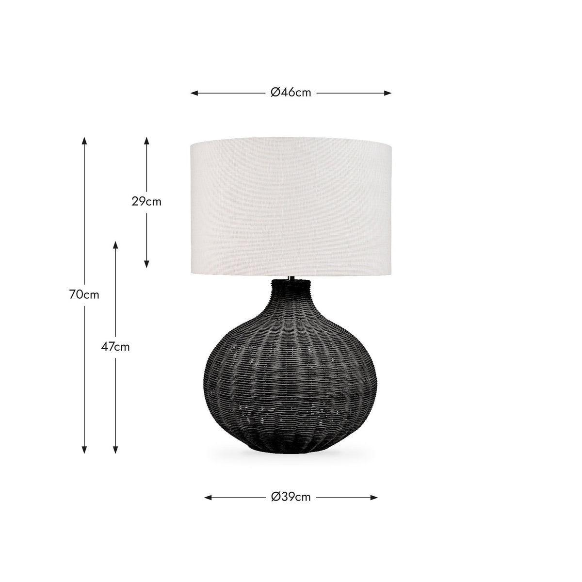 Allona Black Rattan Table Lamp with white drum shade, shown with dimension guides: 70cm height, 47cm base height, Ø39cm base and Ø46cm shade width, on a white background.