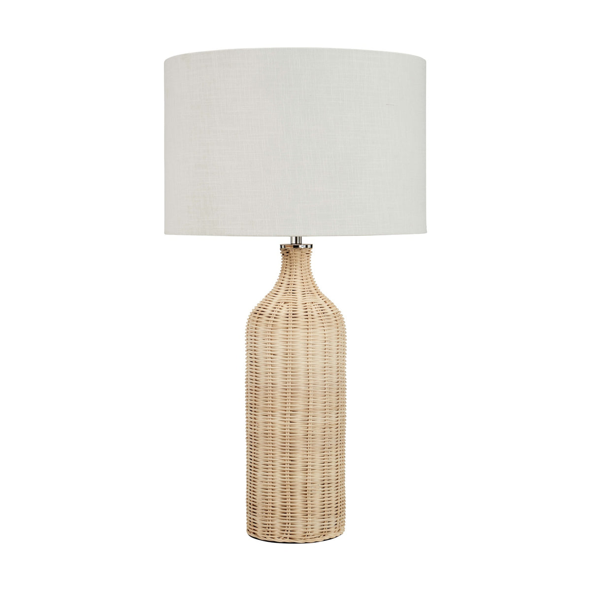 Anika Rattan Bottle Table Lamp, 62cm, with a woven natural rattan bottle-shaped base and drum-style white linen shade, shown on a plain white background.