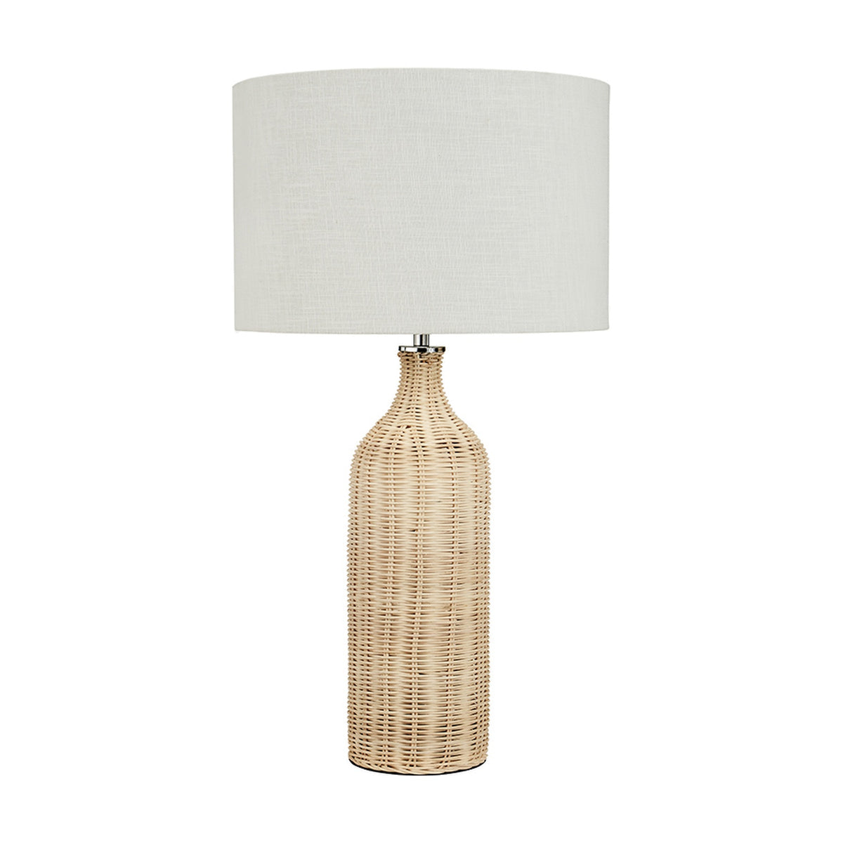 Anika Rattan Bottle Table Lamp with a tall woven natural rattan base and a white drum fabric shade, shown on a plain white background.