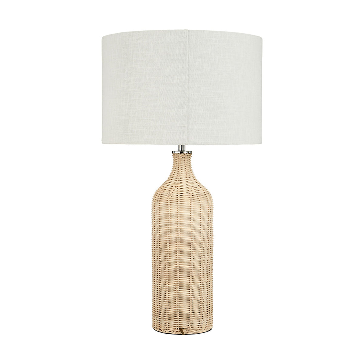 Anika Rattan Bottle Table Lamp, 62cm, with a woven natural rattan bottle-shaped base and a white linen drum shade, shown against a plain white background.