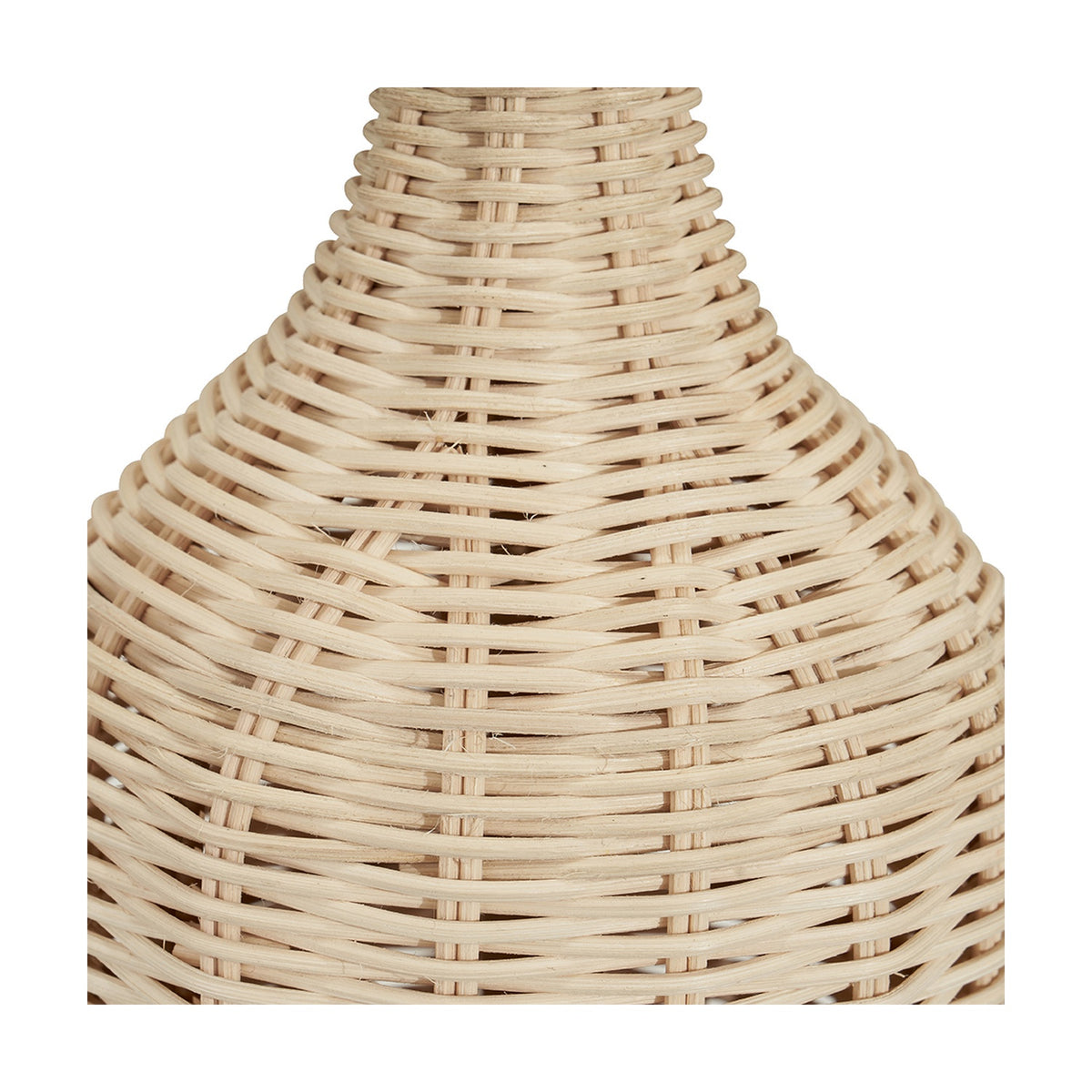 Close-up of the Anika Rattan Bottle Table Lamp base, 62cm, showing the woven natural rattan texture and bottle-shaped silhouette on a plain white background.