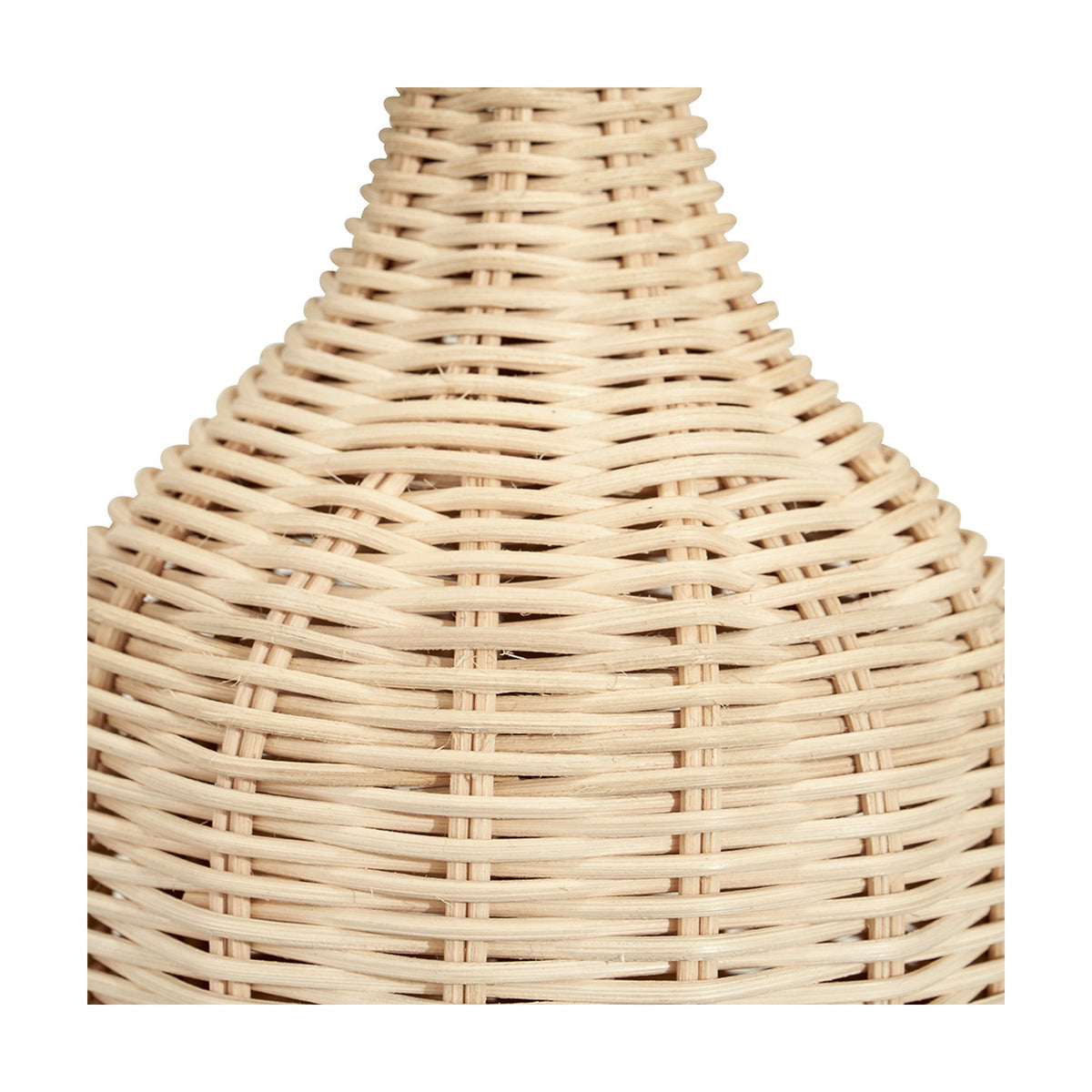 Close-up of the Anika Rattan Bottle Table Lamp base, 62cm, showing a woven natural rattan bottle-shaped body on a plain white background.