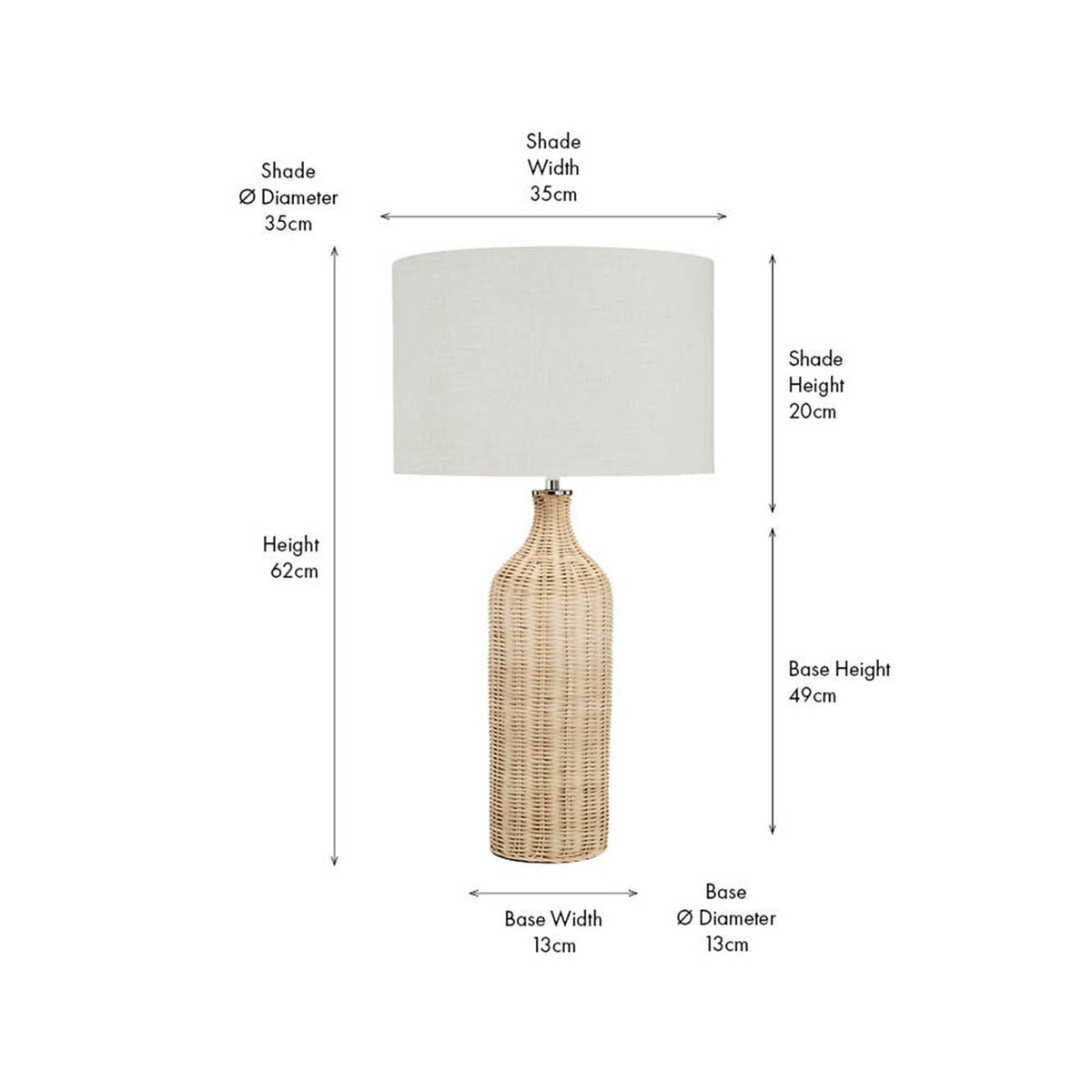 Anika Rattan Bottle Table Lamp, 62cm tall with natural rattan base and white fabric drum shade, shown with a labelled dimension diagram on a white background.