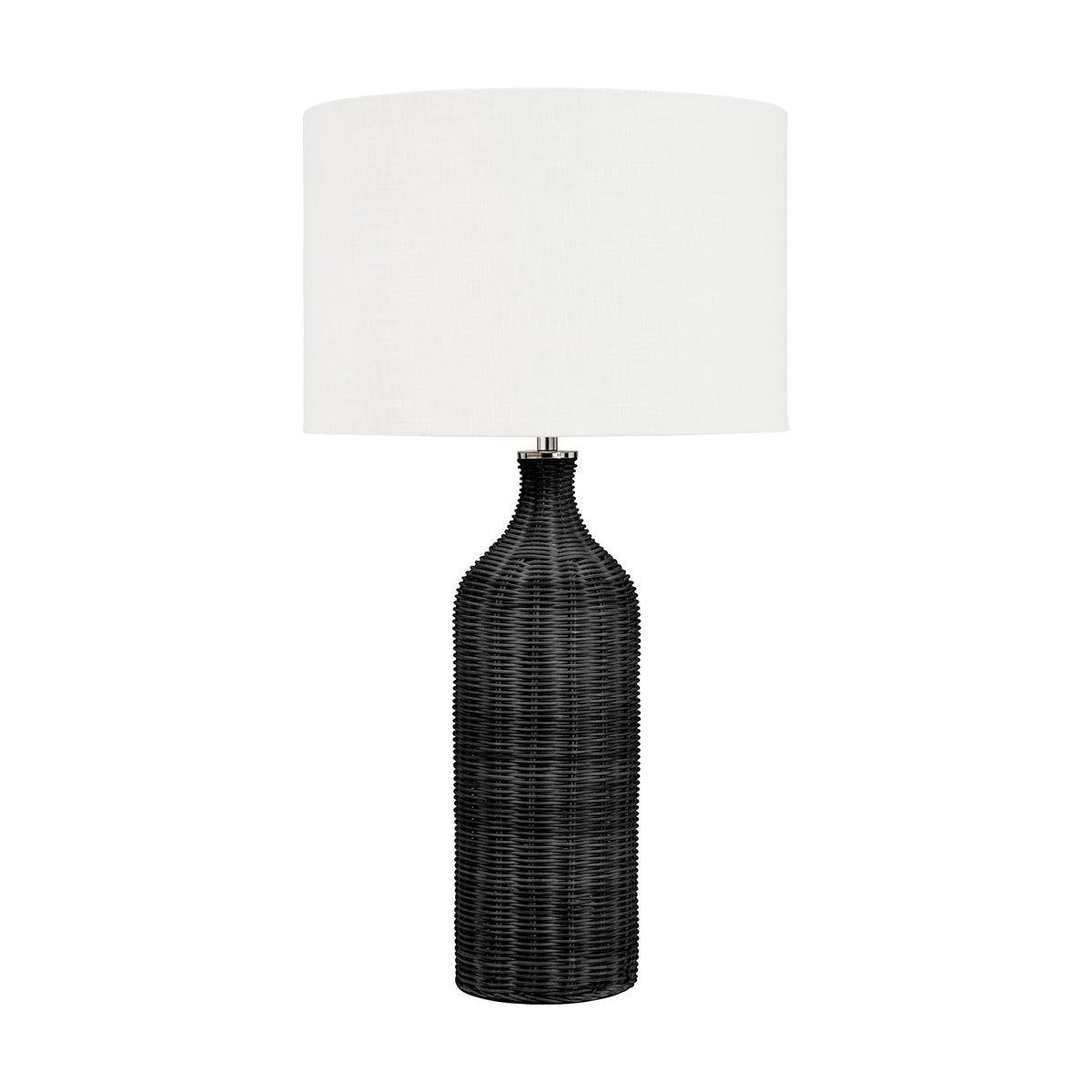 Anika Black Rattan Bottle Table Lamp, 62cm tall with a ribbed black rattan base and a white drum fabric shade, shown on a plain white background.
