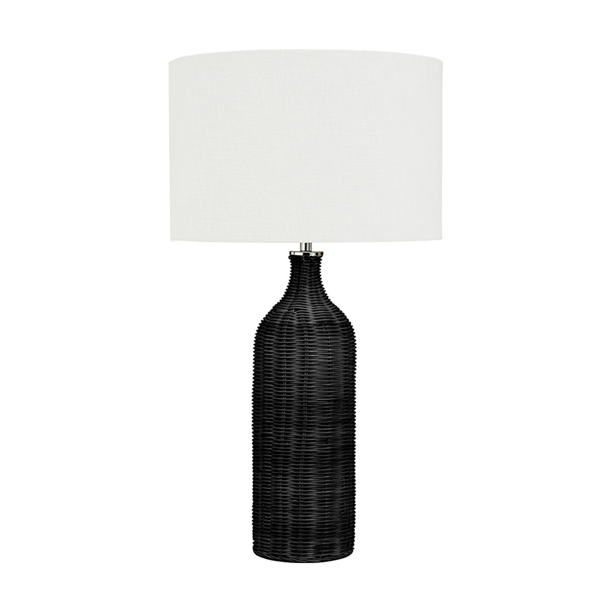 Anika Black Rattan Bottle Table Lamp, 62cm, with a black ribbed rattan bottle-shaped base and a white linen drum shade, shown on a plain white background.