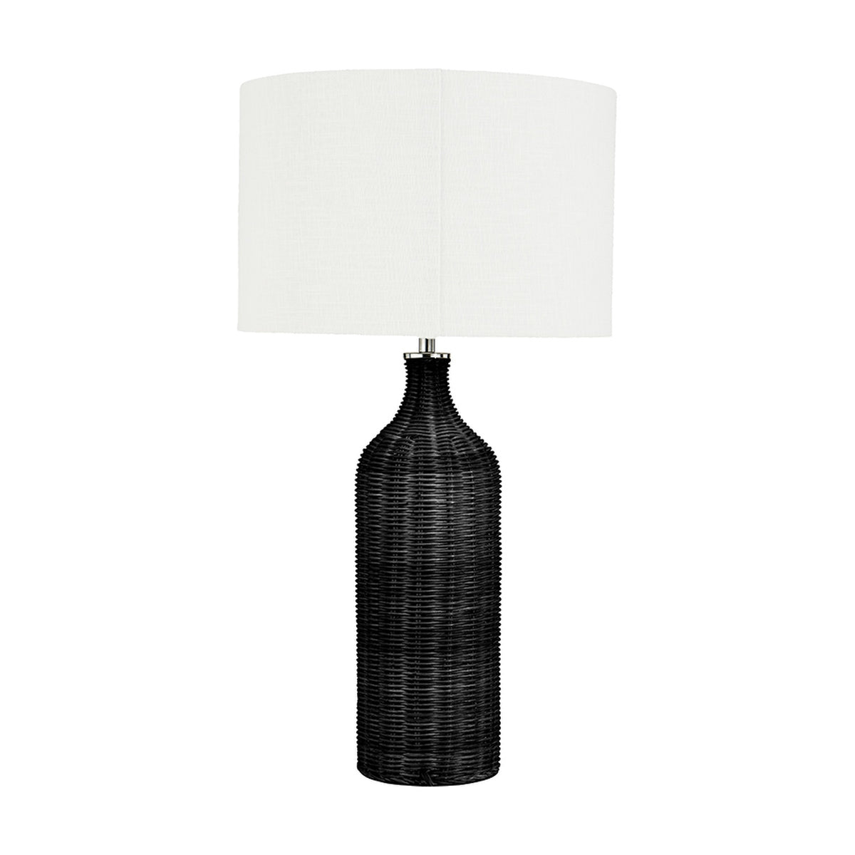 Anika Black Rattan Bottle Table Lamp, 62cm, with a black woven rattan bottle-shaped base and white fabric drum shade, on a plain white background.