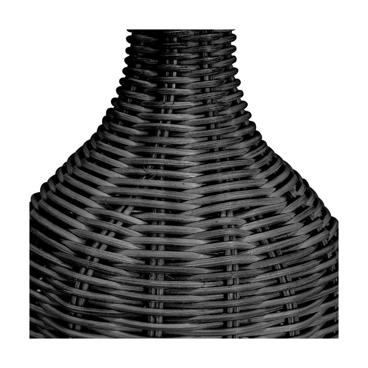 Close-up of the Anika Black Rattan Bottle Table Lamp base, 62cm, showing woven rattan texture in black on a plain white background.