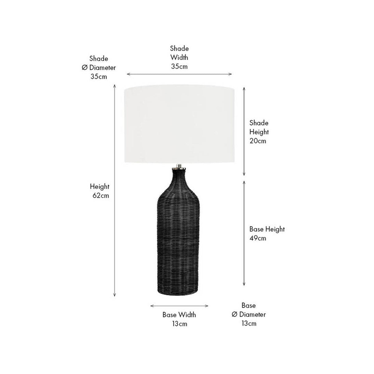 Anika Black Rattan Bottle Table Lamp, 62cm, with a black ridged rattan bottle-shaped base and white drum shade, shown with dimension labels on a white background.