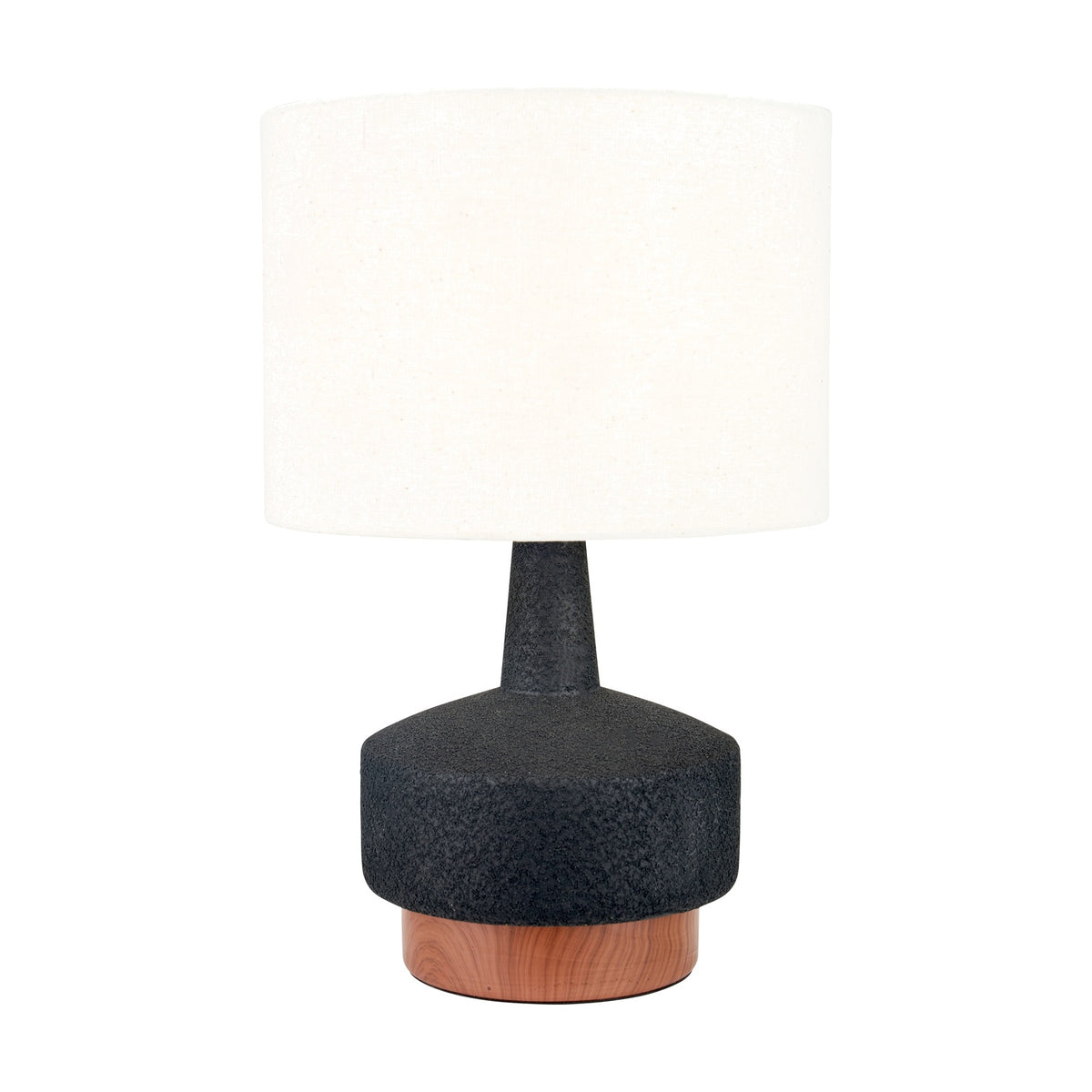 Elio Black & Wood Effect Textured Ceramic Table Lamp, 43cm, with a textured black base, wood-effect ring detail, and white drum shade on a plain white background.