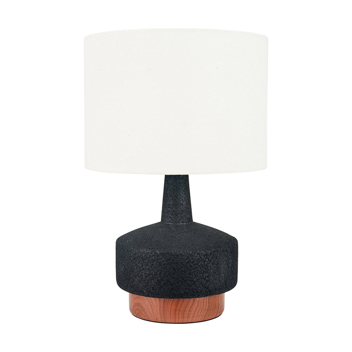 Elio Black & Wood Effect Textured Ceramic Table Lamp with a white drum shade, textured black ceramic body, and round wood-effect base, shown on a plain white background.