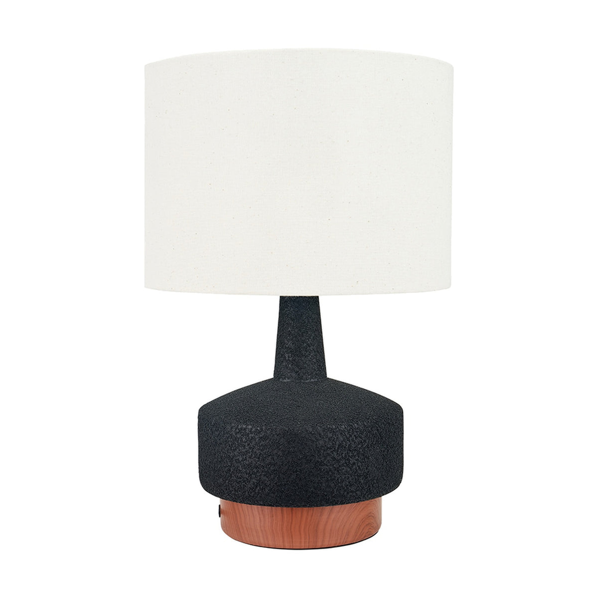 Elio Black & Wood Effect Textured Ceramic Table Lamp, 43cm, with a textured black ceramic base, wood-effect ring at the bottom, and a white drum shade, shown on a plain white background.