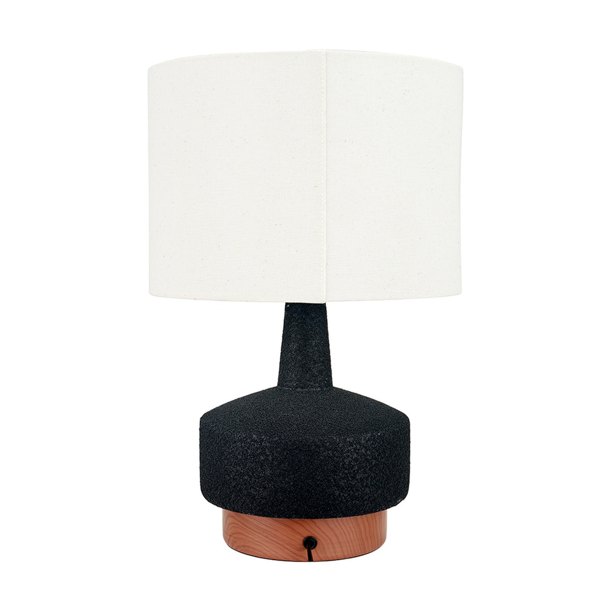 Elio Black & Wood Effect Textured Ceramic Table Lamp, 43cm, with a textured black ceramic base, wood-effect plinth, and white drum shade, shown on a plain white background.
