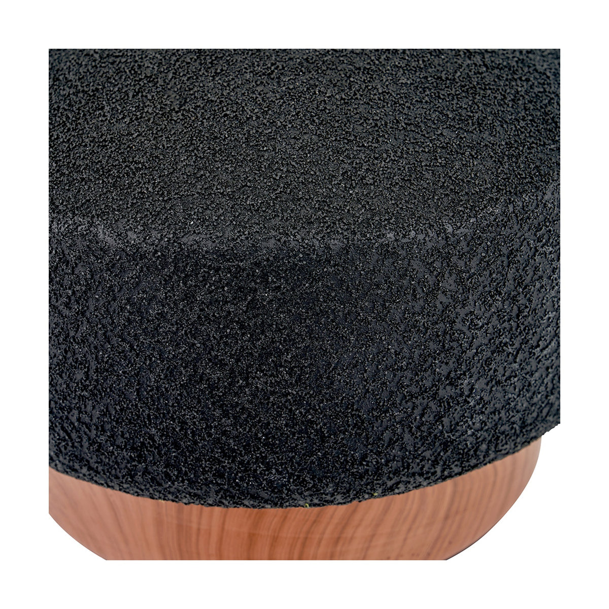 Close-up of the Elio Black & Wood Effect Textured Ceramic Table Lamp, showing the textured black ceramic base meeting a wood-effect plinth.