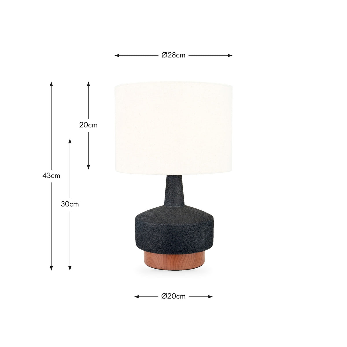 Elio table lamp, 43cm, with a textured black ceramic base on a wood-effect ring and a white cylindrical shade, shown with dimensions on a white background.