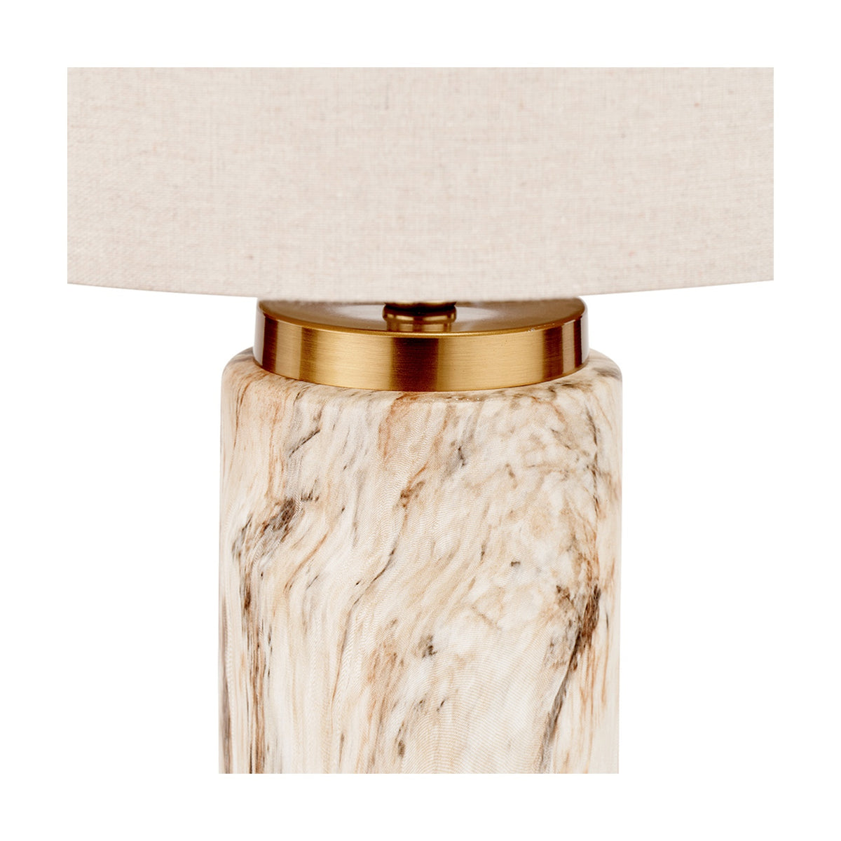 Carrara Stone Effect Ceramic Tall Table Lamp with a marble-look base, brass-tone collar, and cream linen drum shade, shown close-up on a white background.
