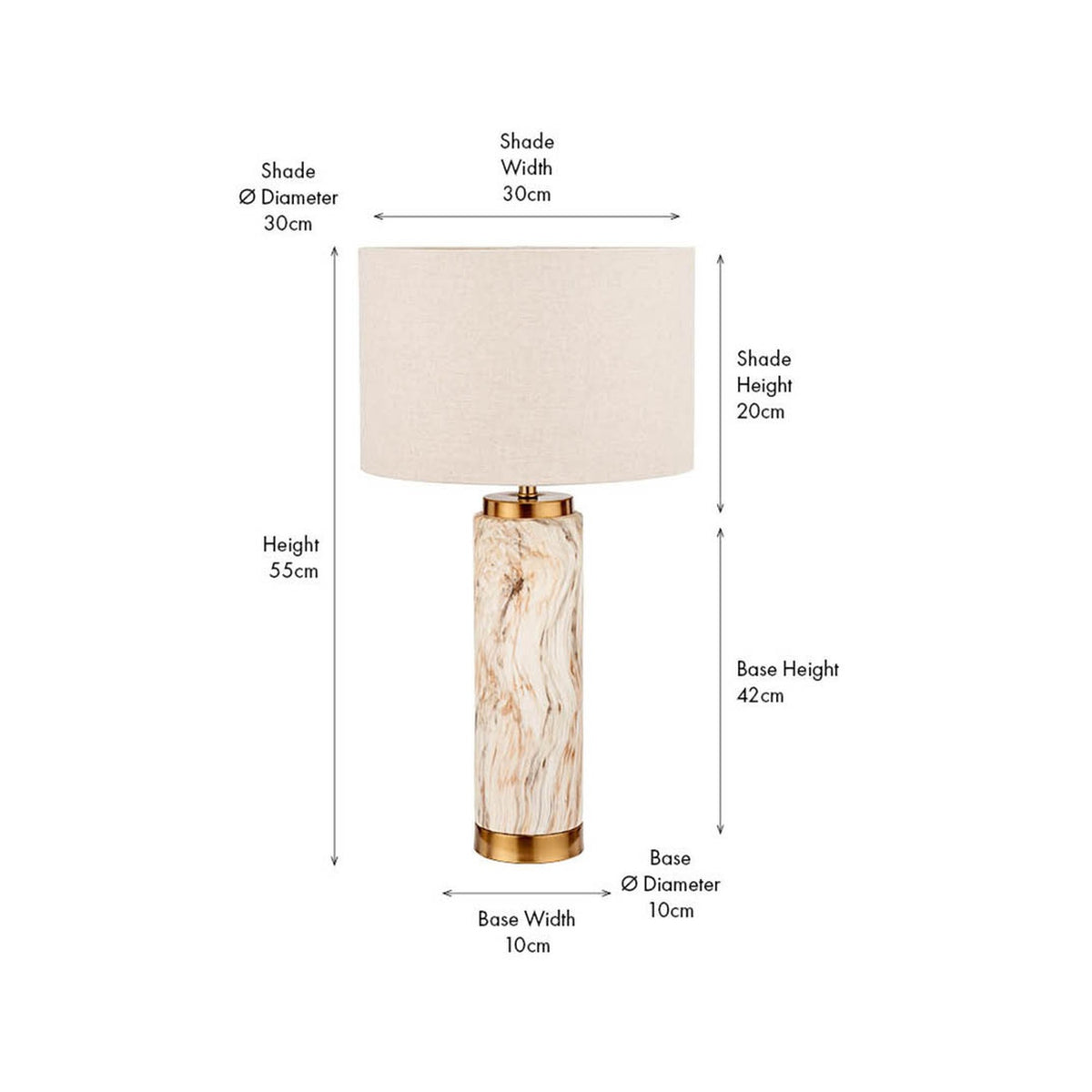 Carrara Stone Effect Ceramic Tall Table Lamp, 55cm, with marble-look cylindrical base, brass trims, and drum linen shade, shown with labelled size dimensions on a white background.