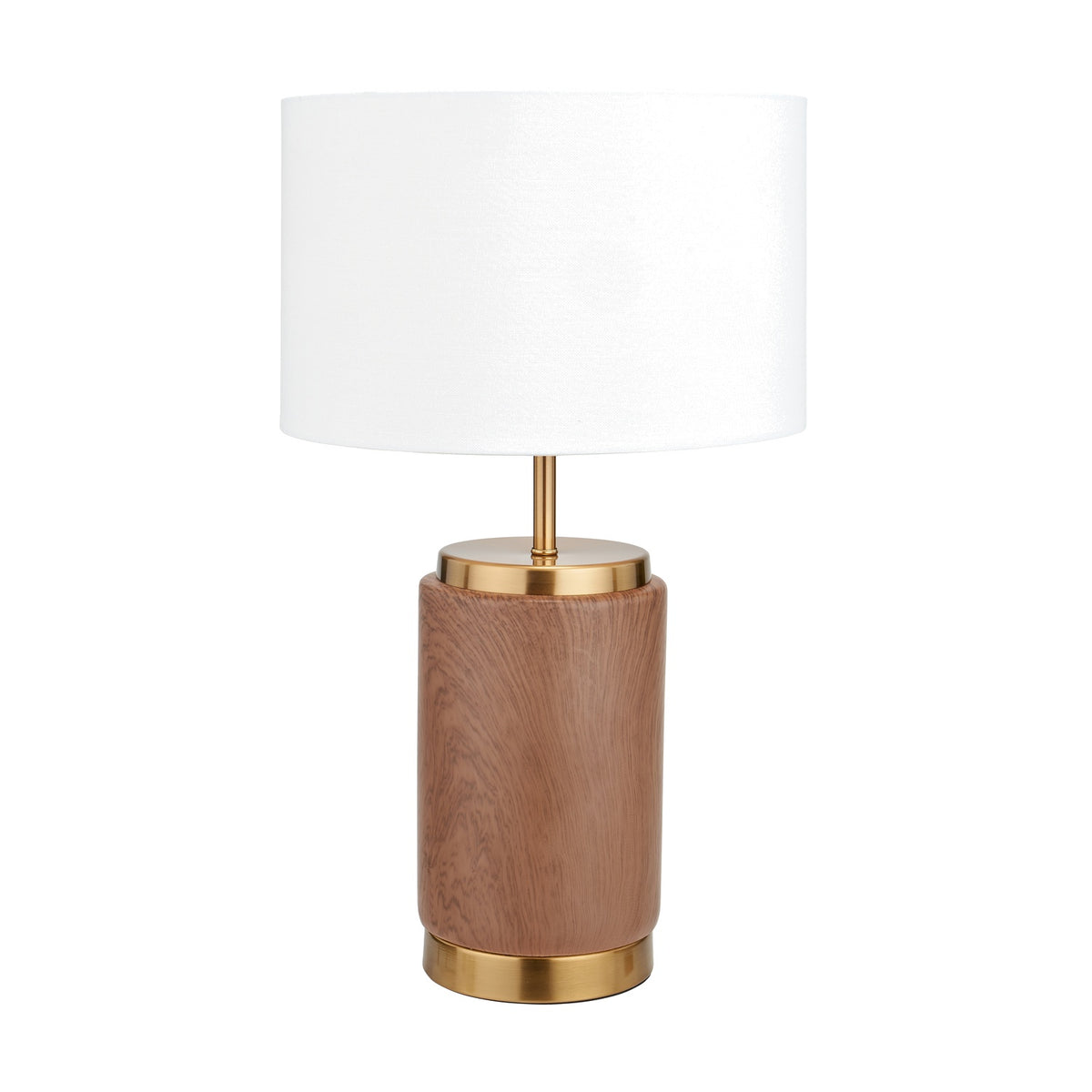 Carrara Wood Effect Ceramic Table Lamp, 48cm, with a cylindrical wood-effect ceramic base, brass fittings, and a white drum fabric shade on a plain white background.