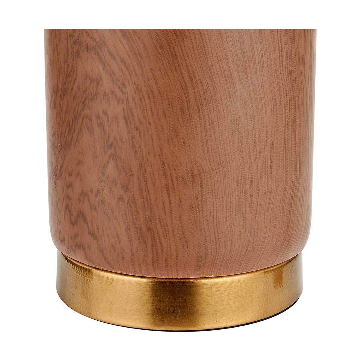 Close-up of the Carrara Wood Effect Ceramic Table Lamp base, showing a wood-grain patterned ceramic body with a brushed brass ring detail, against a plain white background.