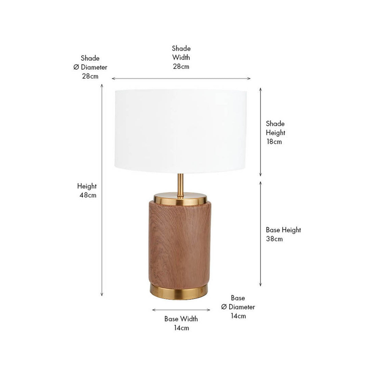Carrara Wood Effect Ceramic Table Lamp, 48cm, with cylindrical wood-effect ceramic base, brass fittings, and white fabric drum shade, shown with dimension labels on a white background.