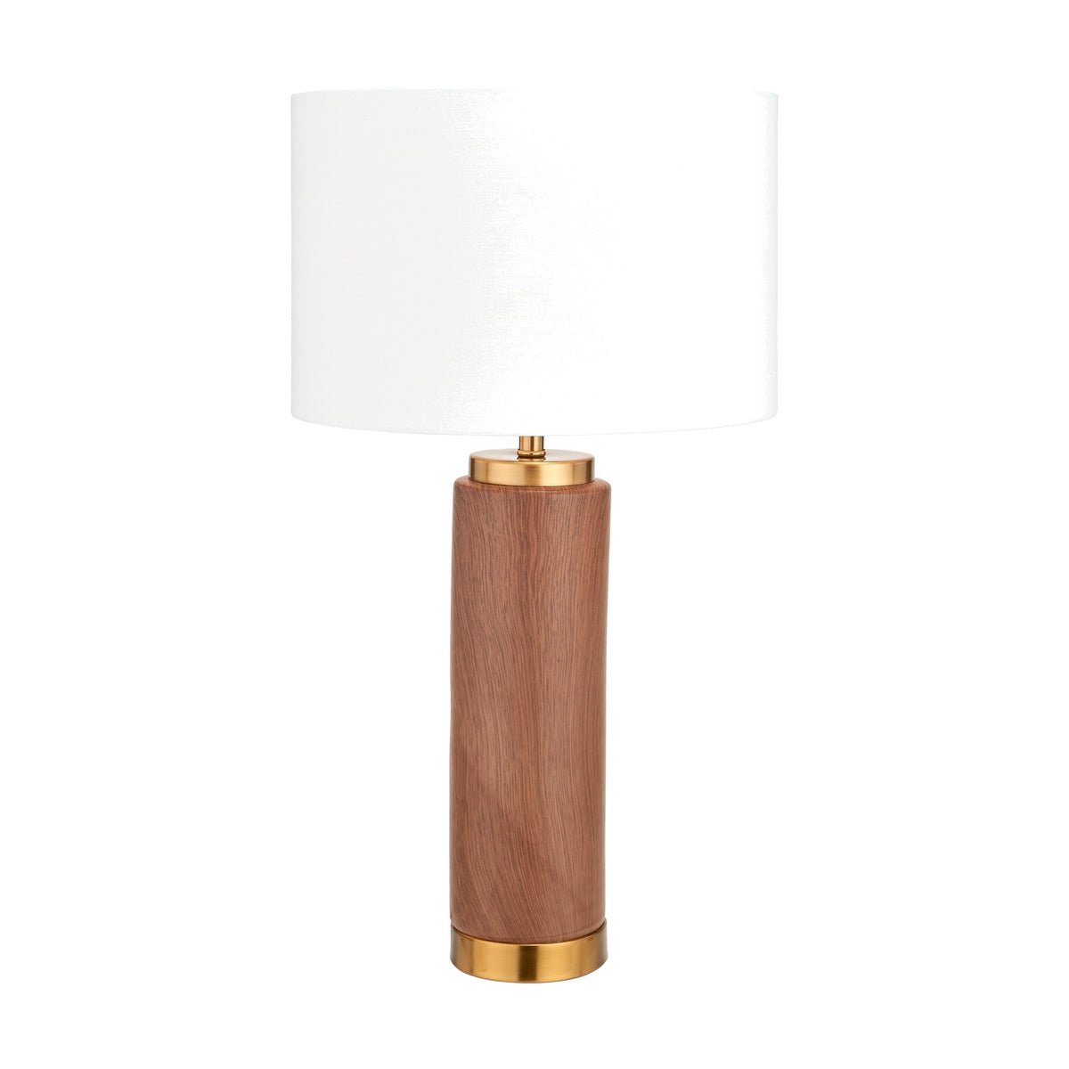 Carrara Wood Effect Ceramic Tall Table Lamp, 55cm, with a cylindrical wood-effect ceramic base, brass fittings, and a white fabric drum shade on a plain white background.
